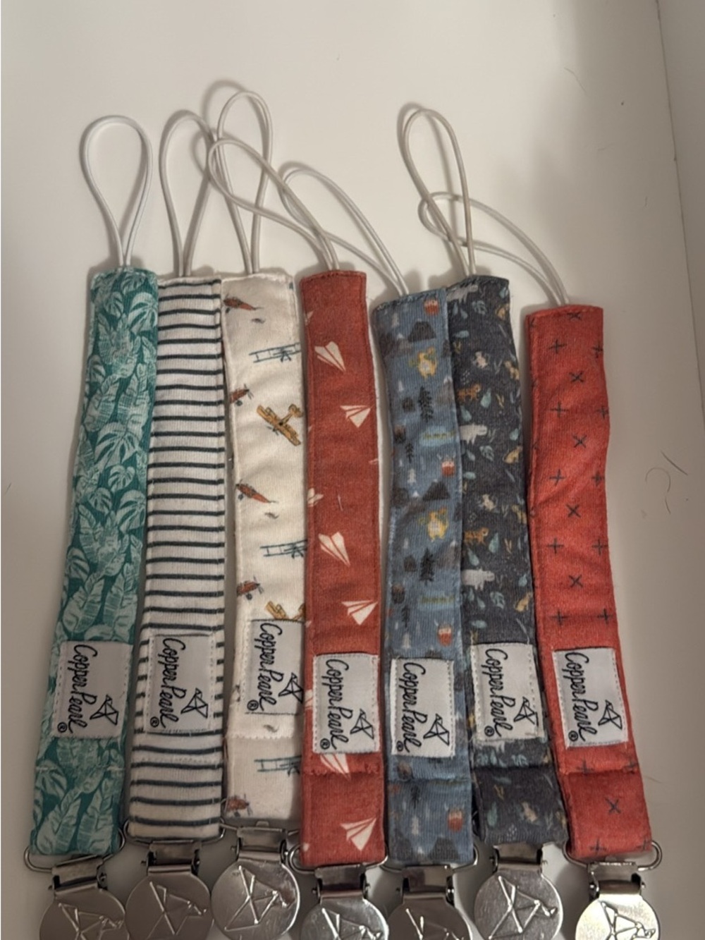 Copper Pearl Multi-Color Pacifier Clip Strap - Rust, Blue, Teal, Cream, Gray